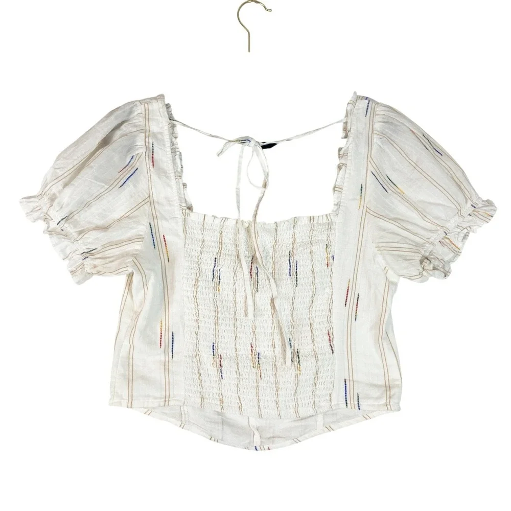Free People Seratonin Corset Top Sz L White Smocked Puff Sleeve Boho Cottagecore